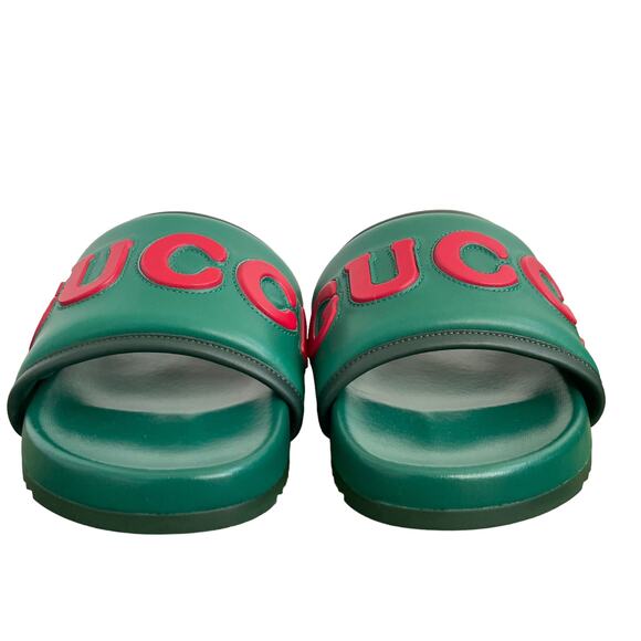 GUCCI  Jumbo Logo Embossed Slide Sandals Italian Leather Green Men's Size G9 NEW - Picture 5 of 12